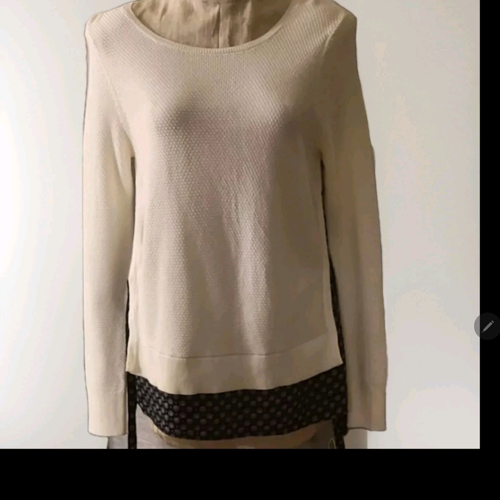 LOFT Women's White Waffle Knit Blue Faux Layered Floral Side Tie Sweater Size XS